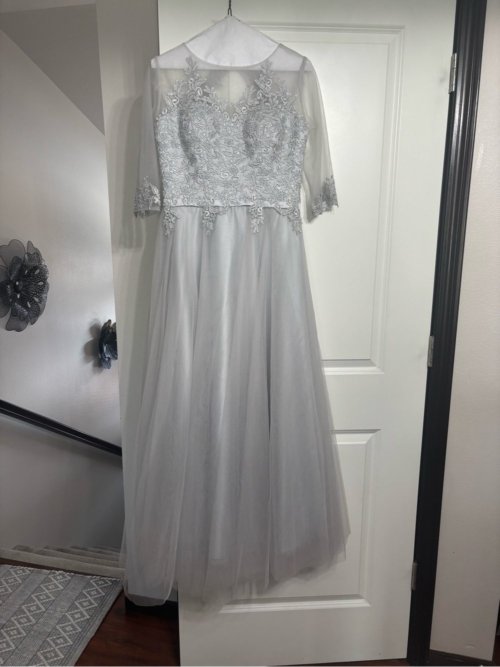 Silver Lace Appliqué Evening Gown